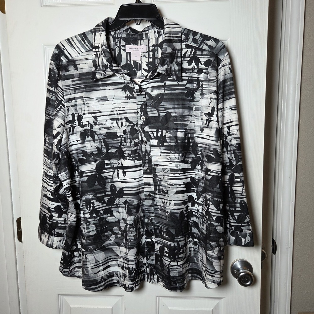 Allison Daley sz 3X button up floral stripes artsy top NWT casual career fall